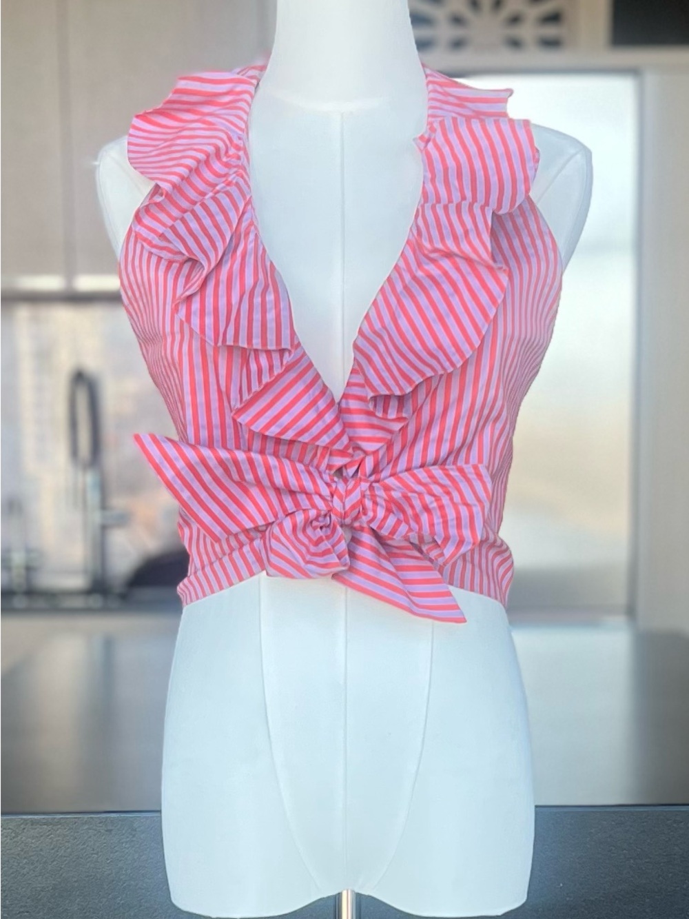 Alice + Olivia Pink and White Striped Ruffle Tie-Front Crop Top